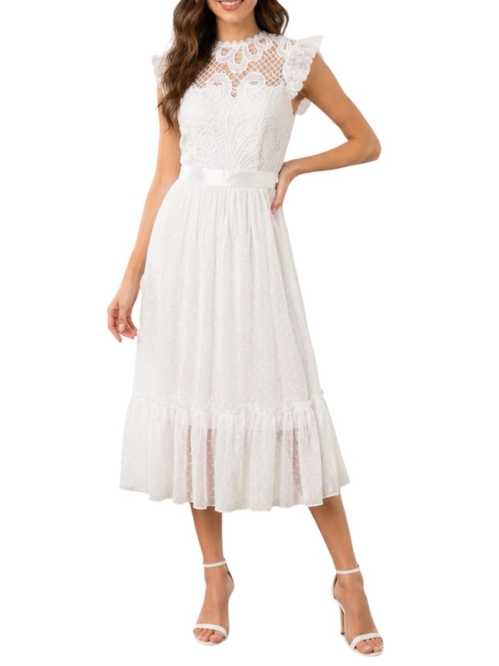 Simplee Contrast Lace Ruffle Hem Belted Dobby Mesh Dress - Size Large